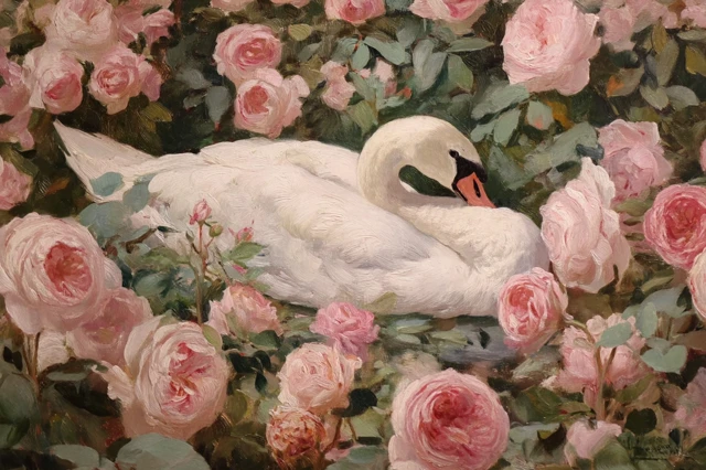 Swan and Roses Cottagecore Painting