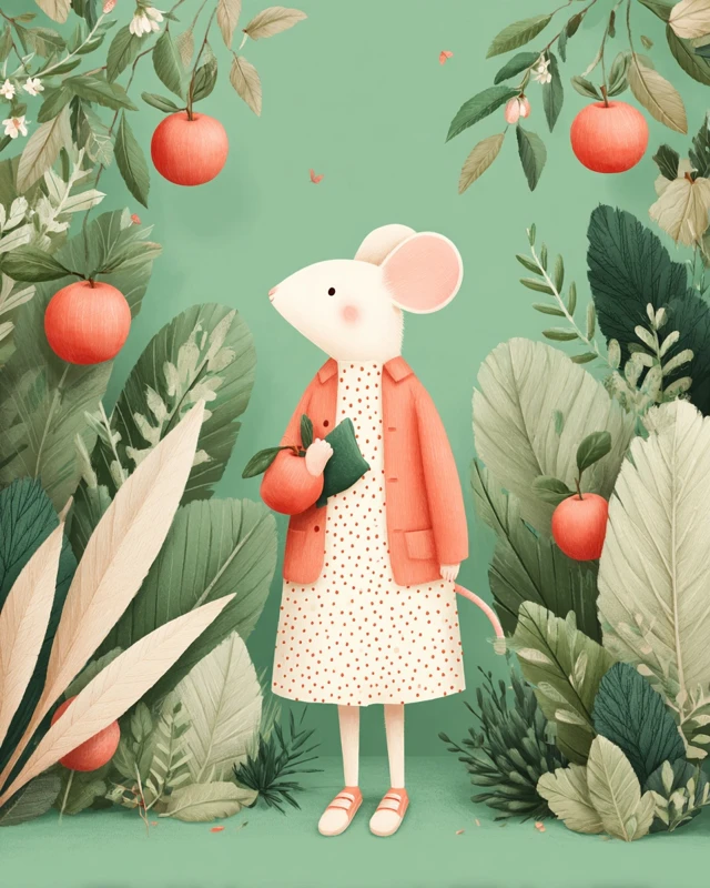 Cute Mouse in Apple Orchard Whimsical Illustration
