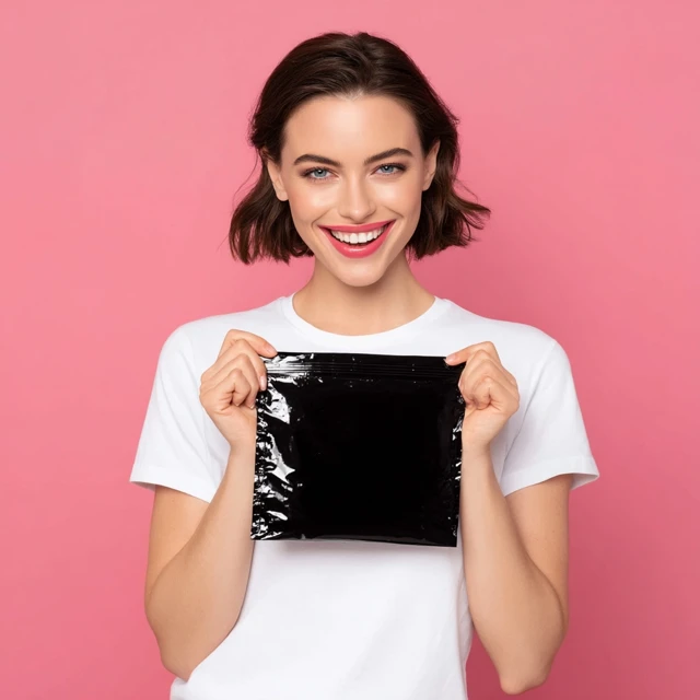 Smiling Woman with Makeup and Black Bag