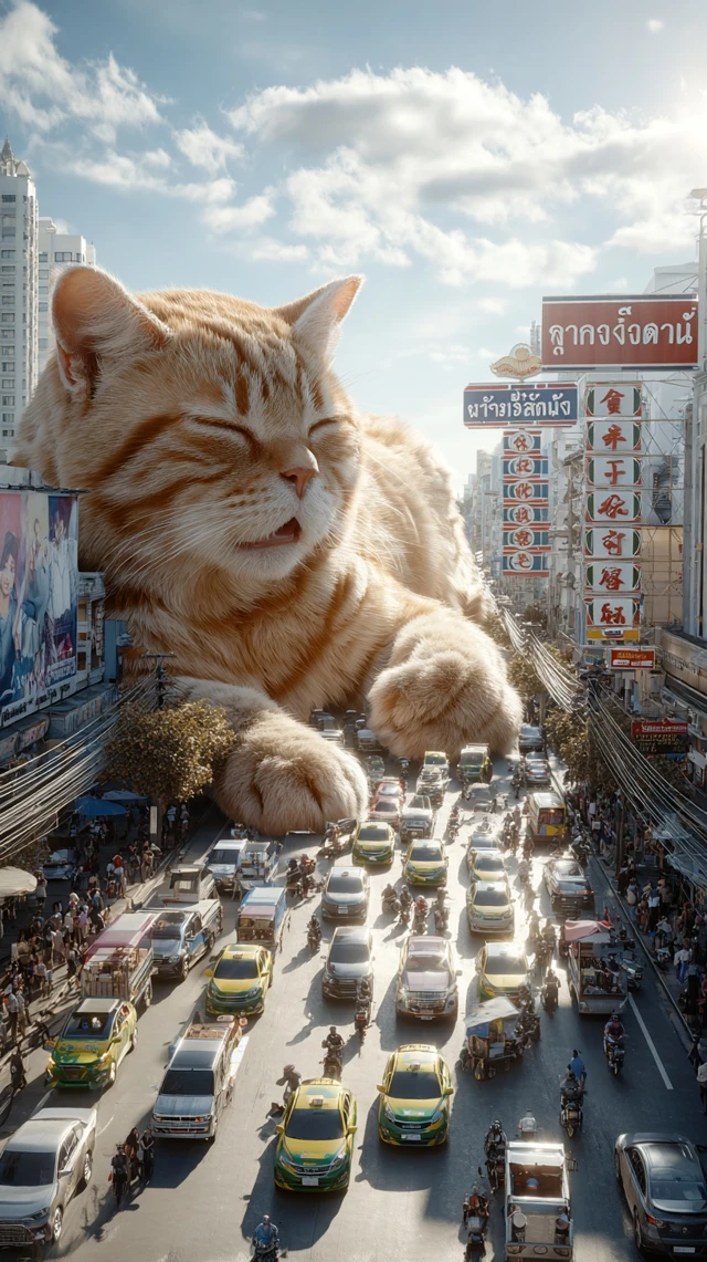 Giant Cat in Bangkok Surreal Street Scene