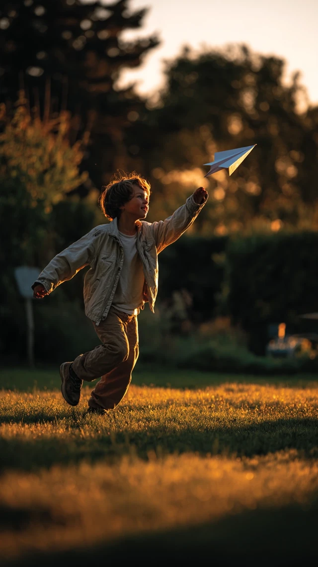 Childs Paper Plane Sunlight Hopeful Scene