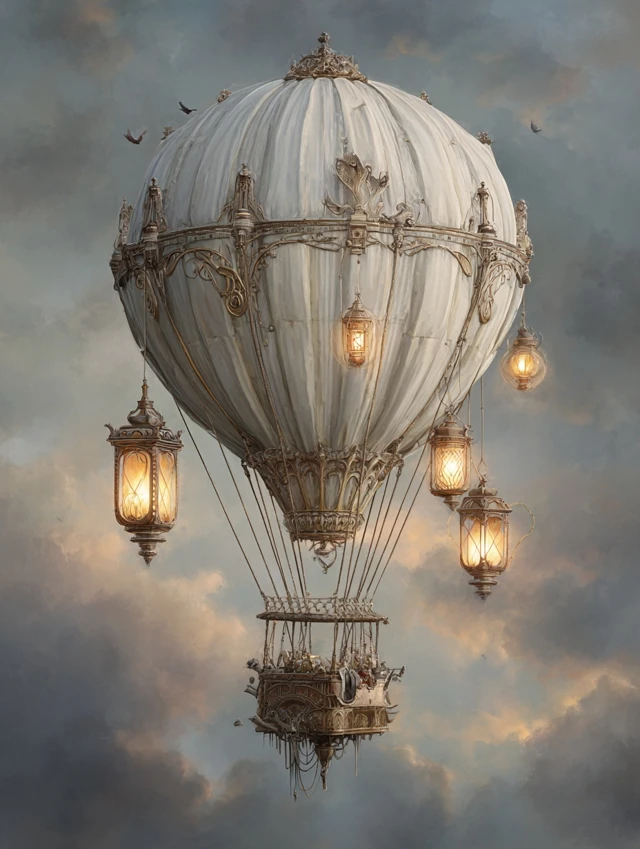 Steampunk Hot Air Balloon with Lanterns and Clouds