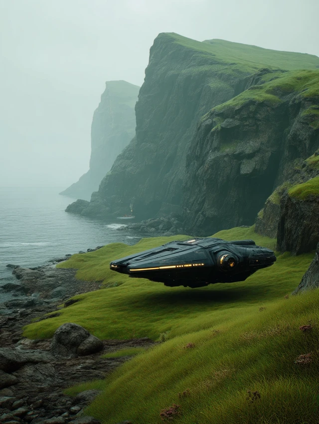 Spaceship Hovering Over Coastline - Cinematic Sci-Fi