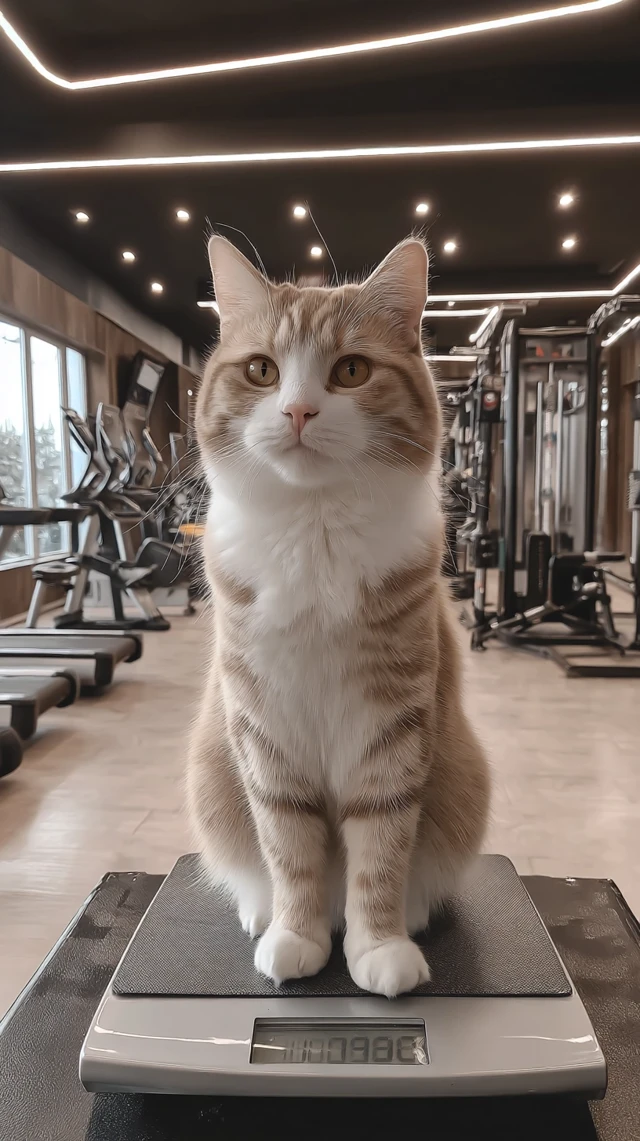 Cat on Scale in Modern Gym CloseUp Magazine Cover