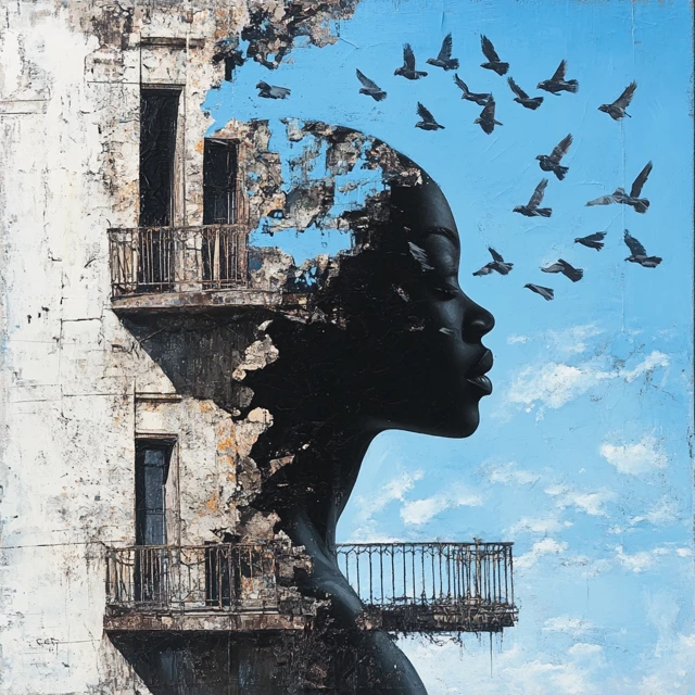 Black Woman on Balcony Birds and Cityscape
