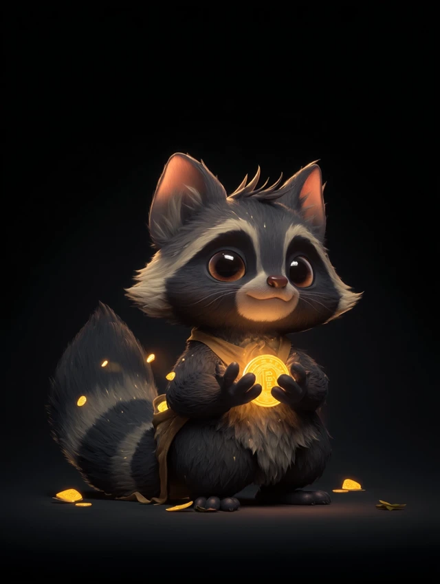 Cute Raccoon Holding Gold Coin Shining