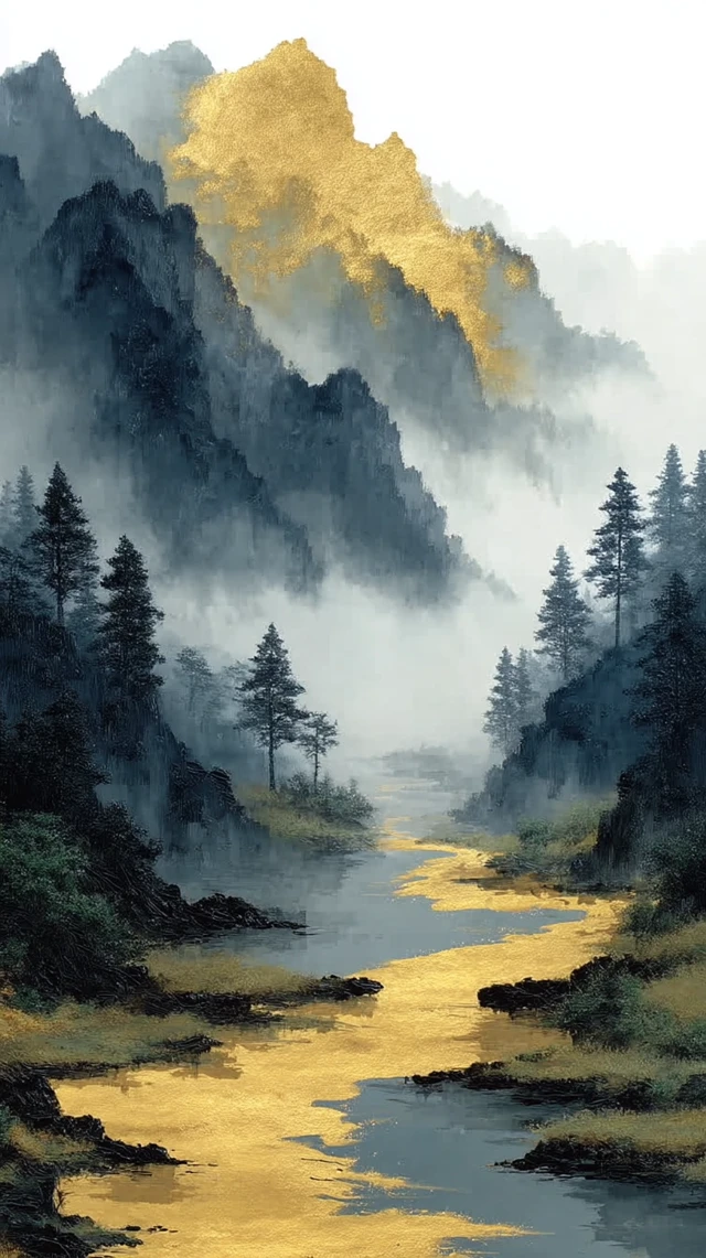Chinese Ink Landscape Painting Black and Gold