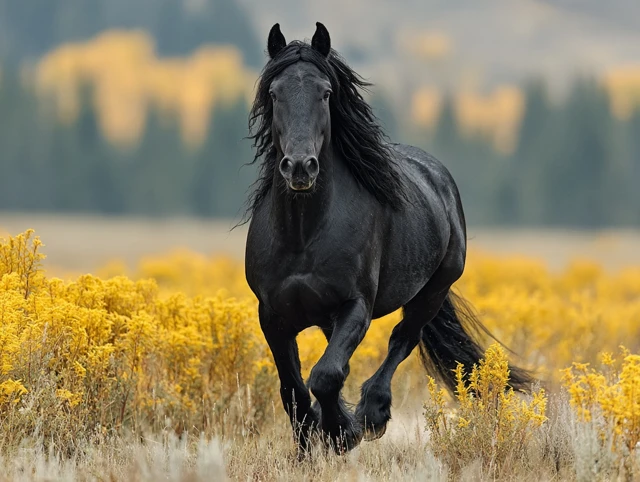 Wild Black Horse Running on the Prairie