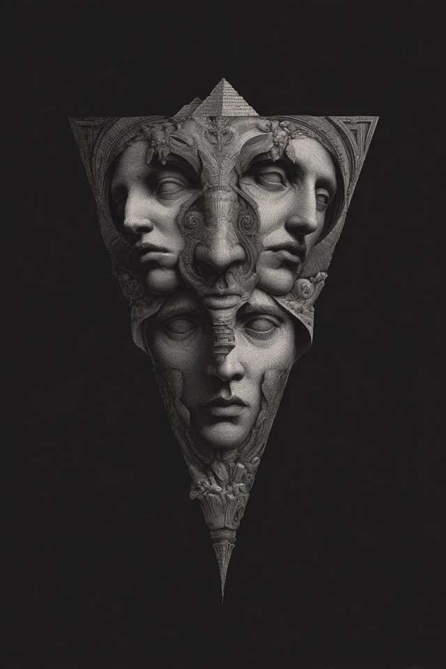 Surreal Faces Pyramid Grayscale Art