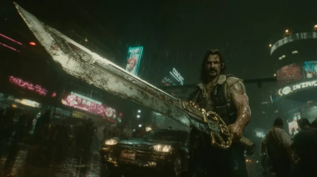 Cyberpunk Warrior In Rainy City