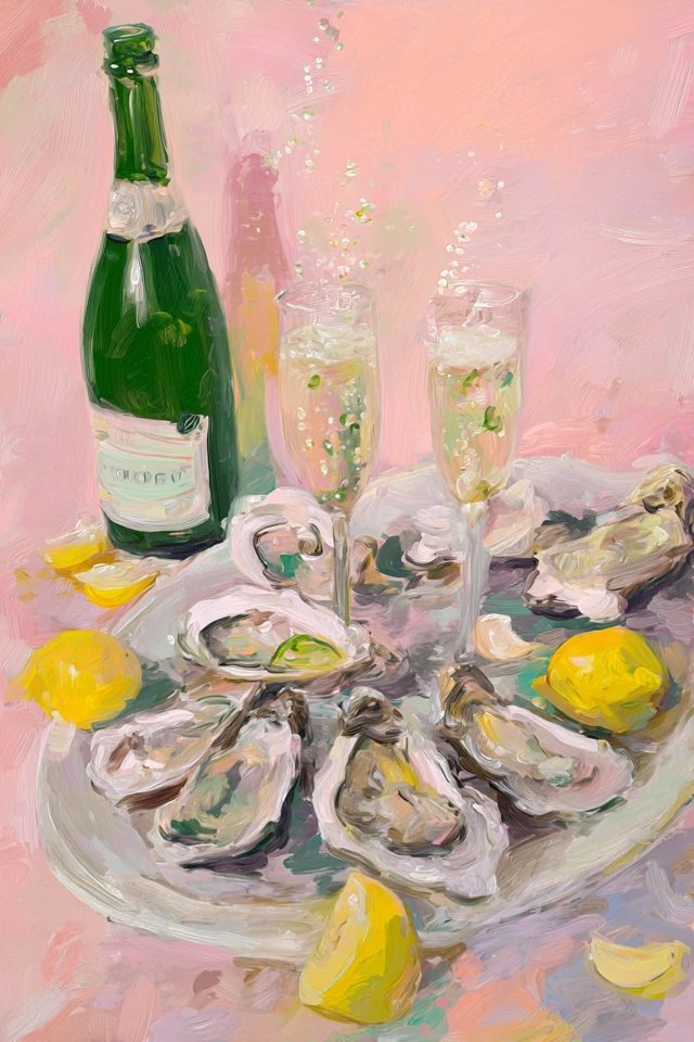 Oysters Champagne Fine Art Painting Coastal Dining