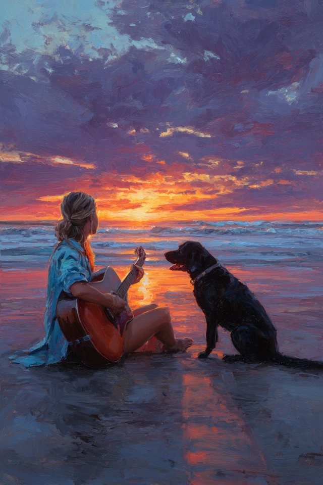 Girl with Guitar and Dog at Sunset Beach Painting