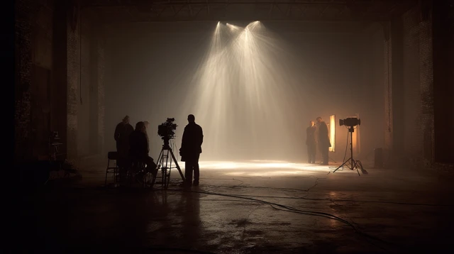 Dark Studio Scene with Camera Crew and Dramatic Lighting
