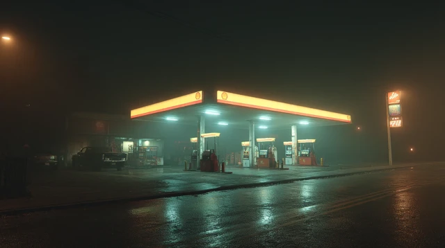 Gas Station at Night Atmospheric Scene
