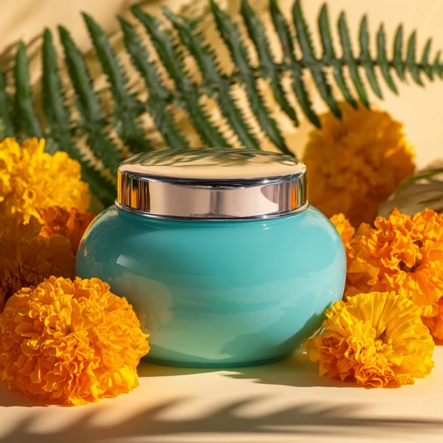Turquoise Body Butter Jar with Flowers and Ferns