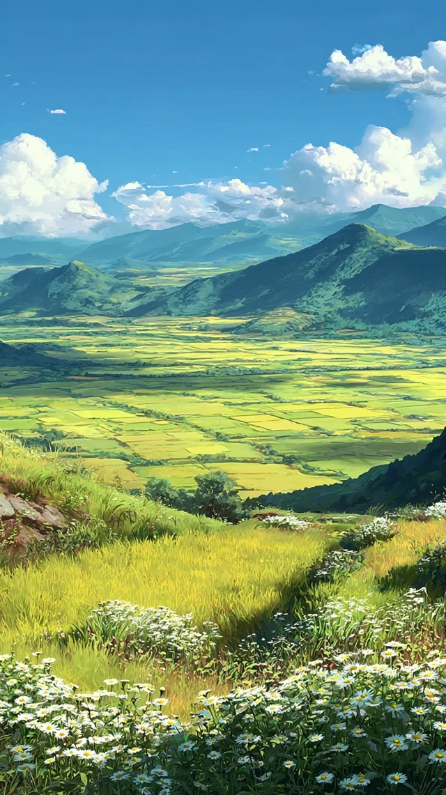 Wheat Field Landscape with Mountains and Flowers