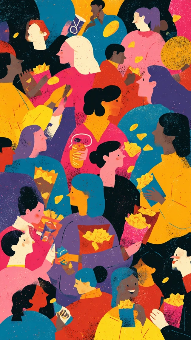 Community Gathering People Eating Chips Illustration