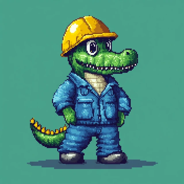Pixel Art Crocodile in Yellow Helmet Blue Clothes