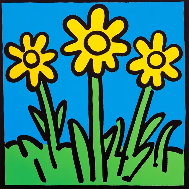 Keith Haring Flowers in Bright Blue Sky
