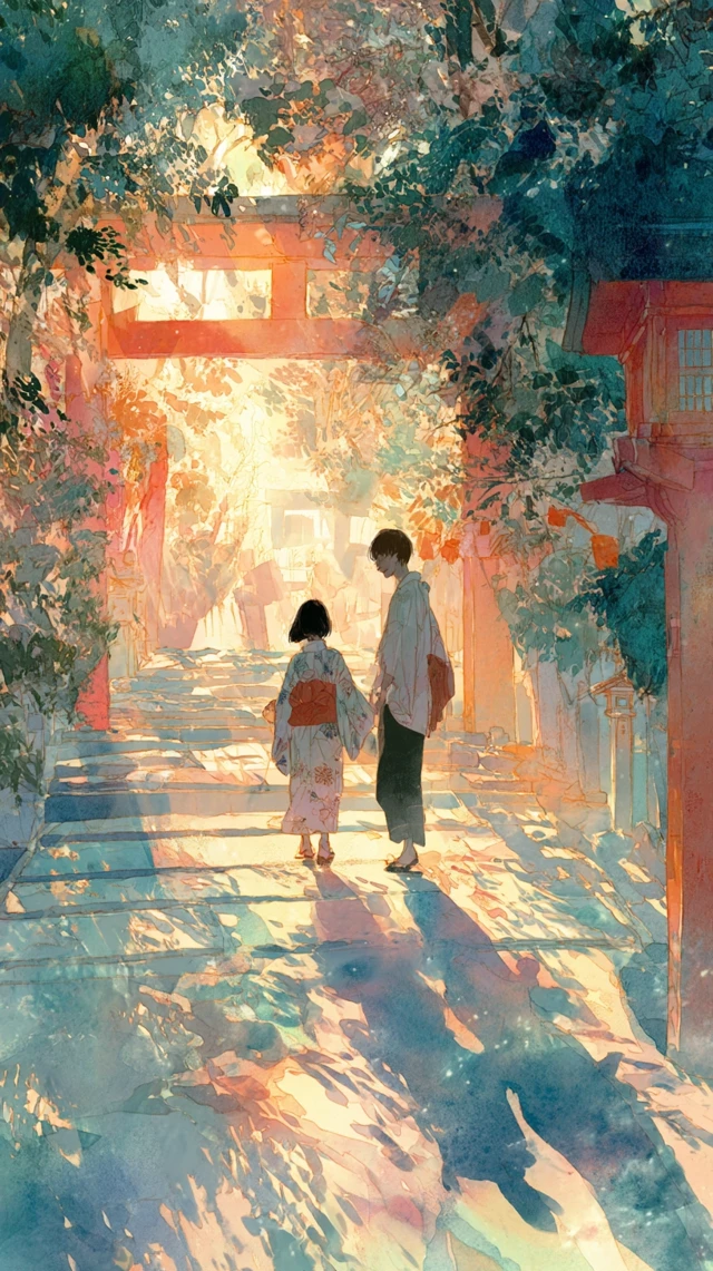 Japanese Couple in Yukata at Shrine