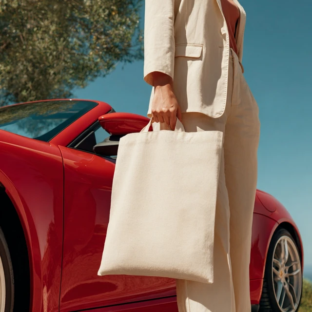 Stylish Woman with Tote Bag by Red Sports Car