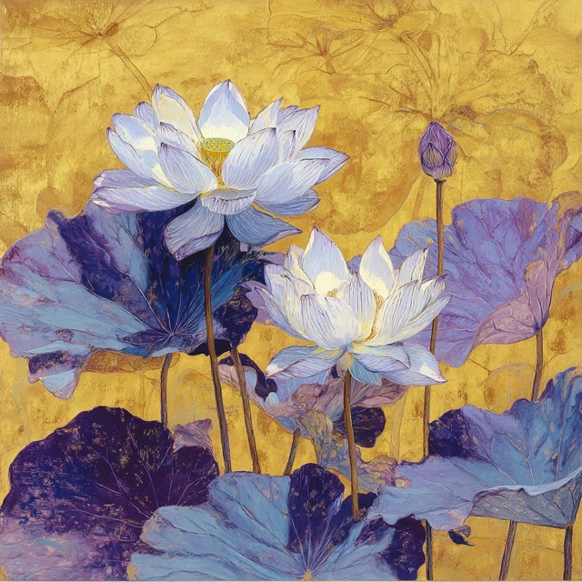 White Lotus Flowers Golden Painting