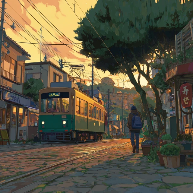 Studio Ghibli Sunset City Scene with Tram