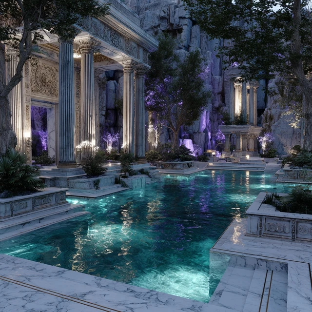 Luxury Garden with Modern Stone Pillars and Marble Pond