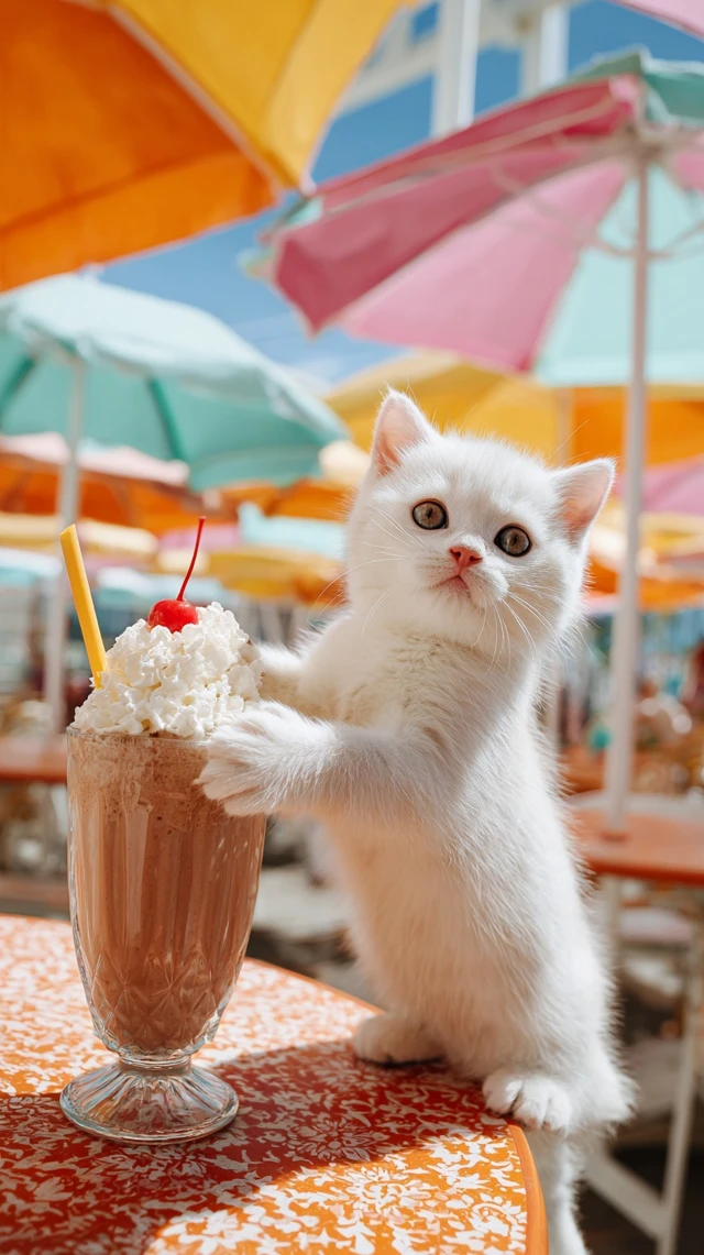 Cute Kitten with Milkshake Under Cafe Umbrellas