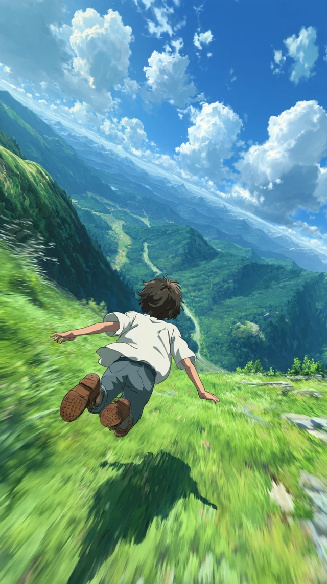 Anime Boy Gliding Over Valley - Adventure Scene