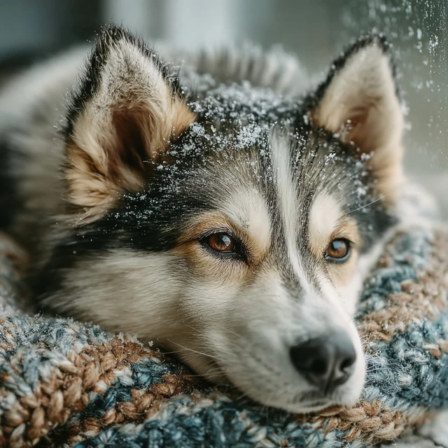 Lonely Husky Puppy in Snow Warm Portrait