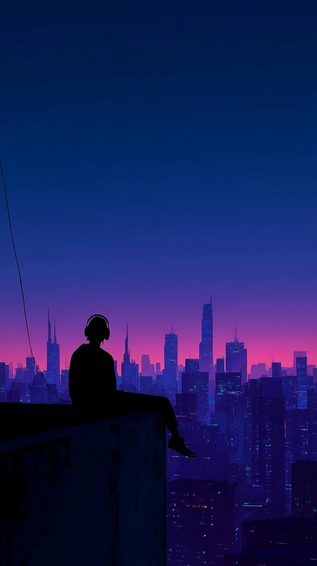 Rooftop Cityscape at 3AM Neon Skyline Silhouette