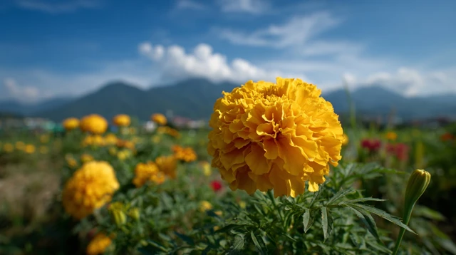 Vibrant Yellow Marigold Flower and Mountain Landscape