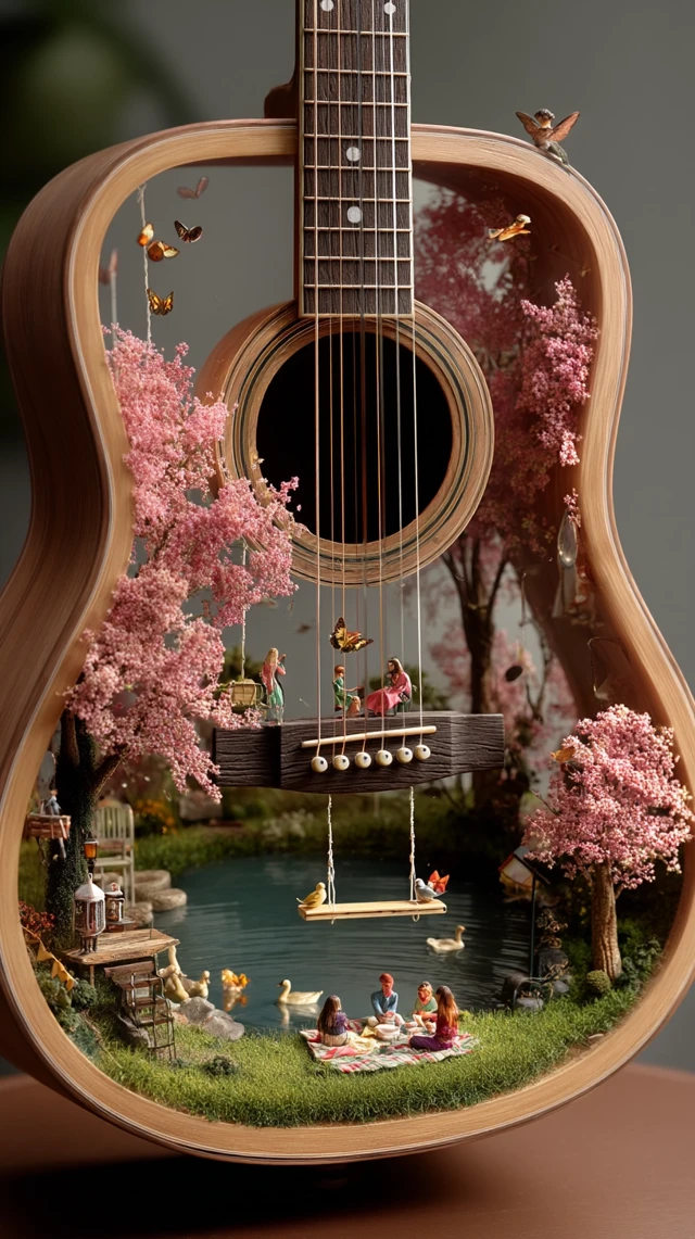 Spring Garden Inside Guitar: Miniature Picnic Scene
