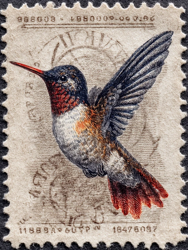 Hummingbird Postage Stamp Art - Fine Line Engraving