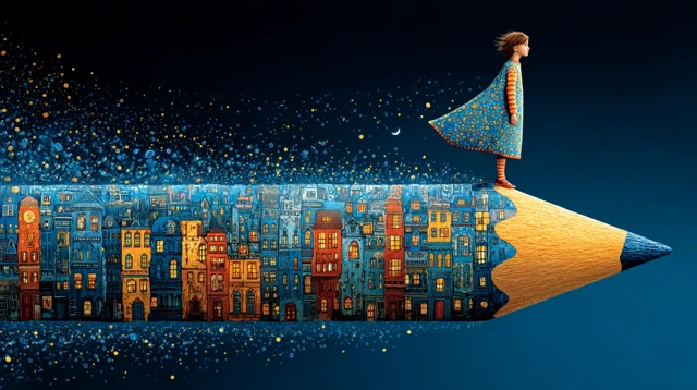 Child on Pencil Flying Over Fantasy City