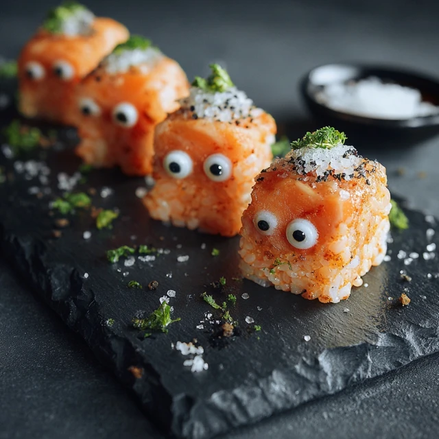 Spicy Salmon Sushi with Googly Eyes Food Photography