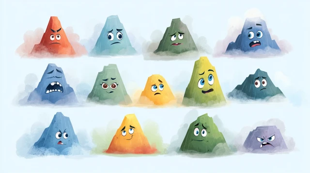 Cute Cartoon Mountains with Emotions Colorful Environment