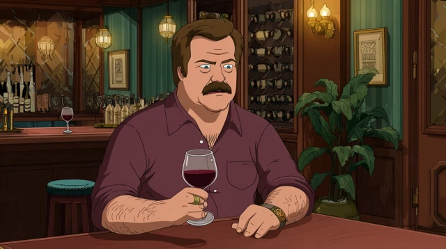 Ron Swanson Enjoying Wine at a Wine Bar Illustration