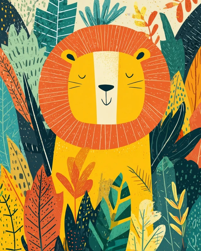 Cute Cartoon Lion in Jungle Foliage Illustration