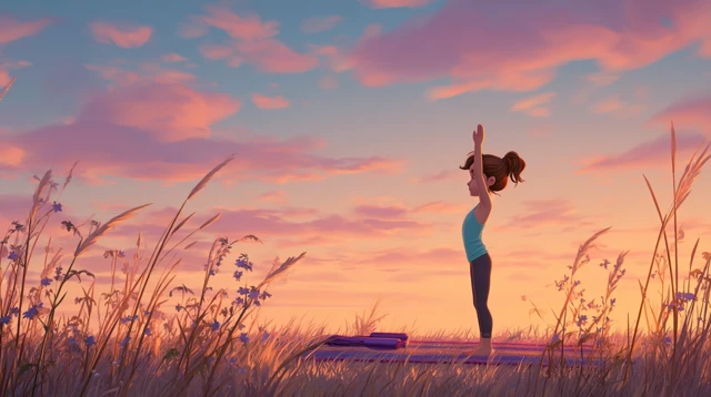 Girl Doing Yoga in Sunset Meadow Peaceful Scene