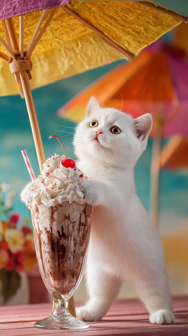 Cute Kitten with Milkshake Under Cafe Umbrellas