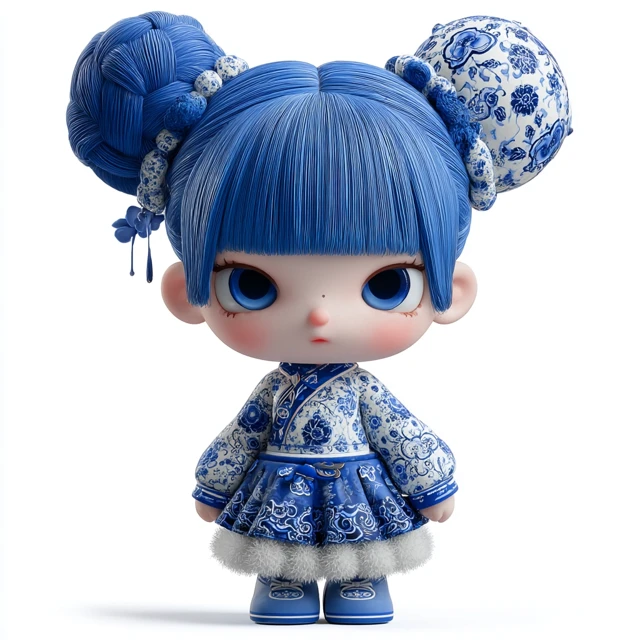 Cute Doll 3D Rendering Blue Hair and Porcelain Pattern