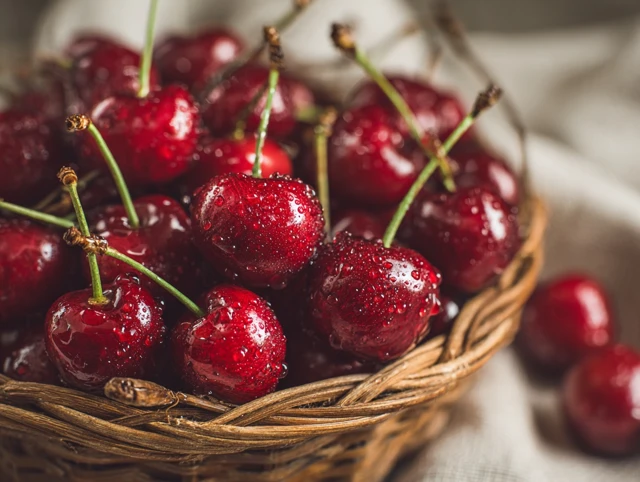 Fresh Cherries in Woven Basket Close Up