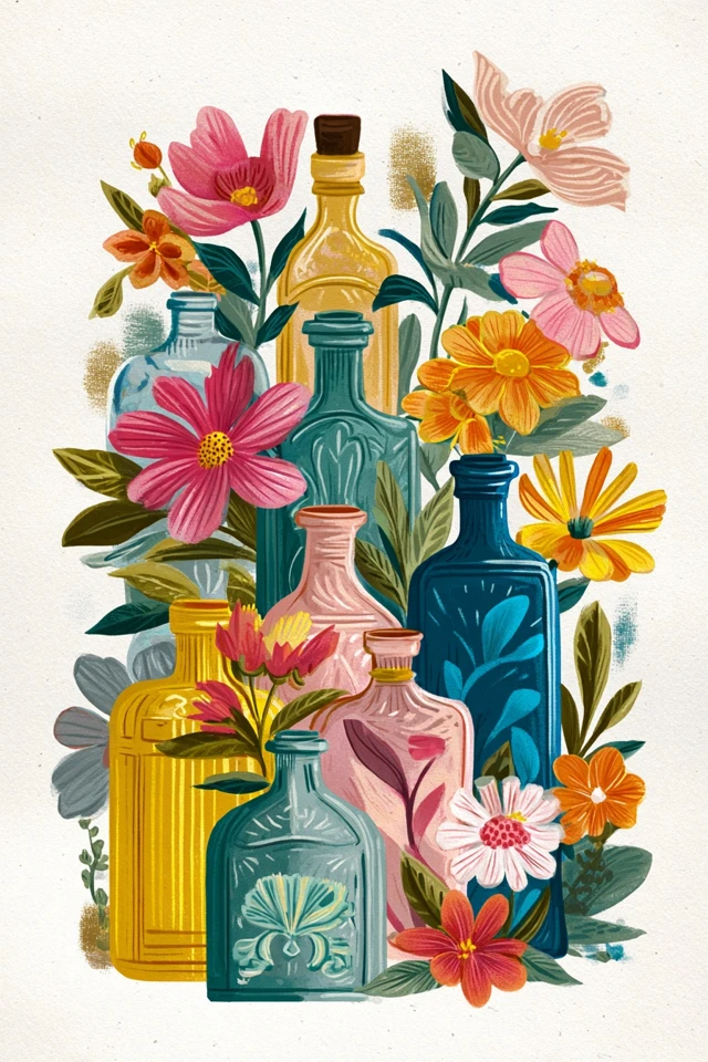 Vintage Glass Bottles with Flowers Nursery Decor Art Print