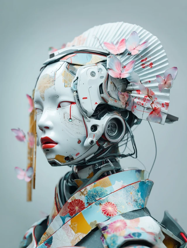 Cyberpunk Geisha Robot with Pastel Colors