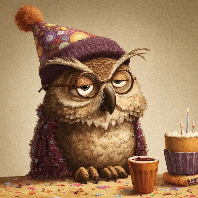 Funny Cartoon Owl Birthday Illustration