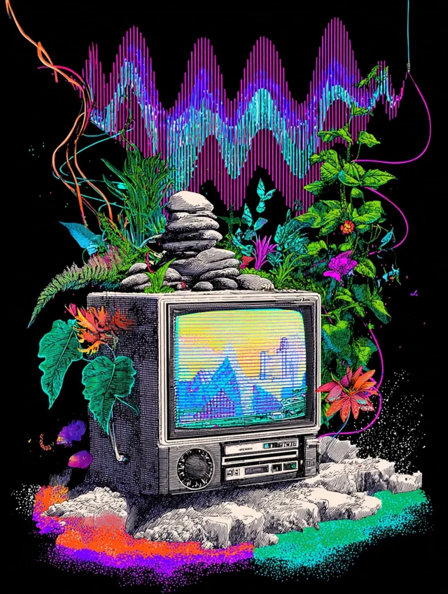Vaporwave Audio Art Soundwaves TV Nature Collage