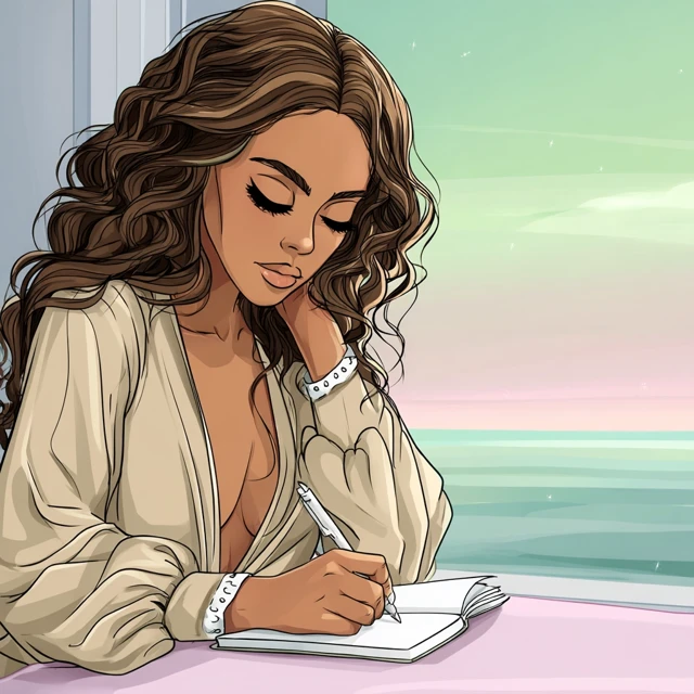 Dreamy Digital Illustration of Woman Writing in Notebook