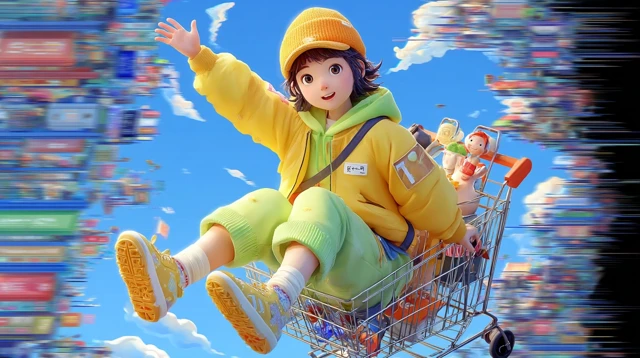 Girl Flying in Sky Shopping Cart Pixar Style